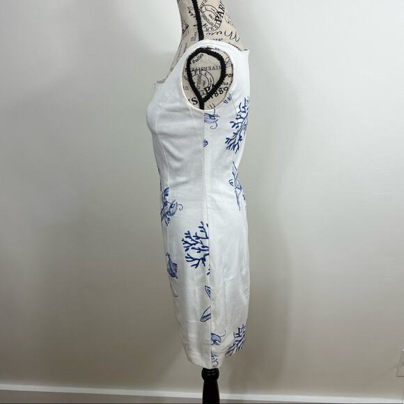 Launch Square neck wide strap white and blue sea themed bodycon mini dress - Picture 7 of 7